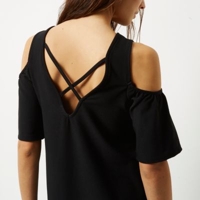 Black frill cold shoulder swing dress